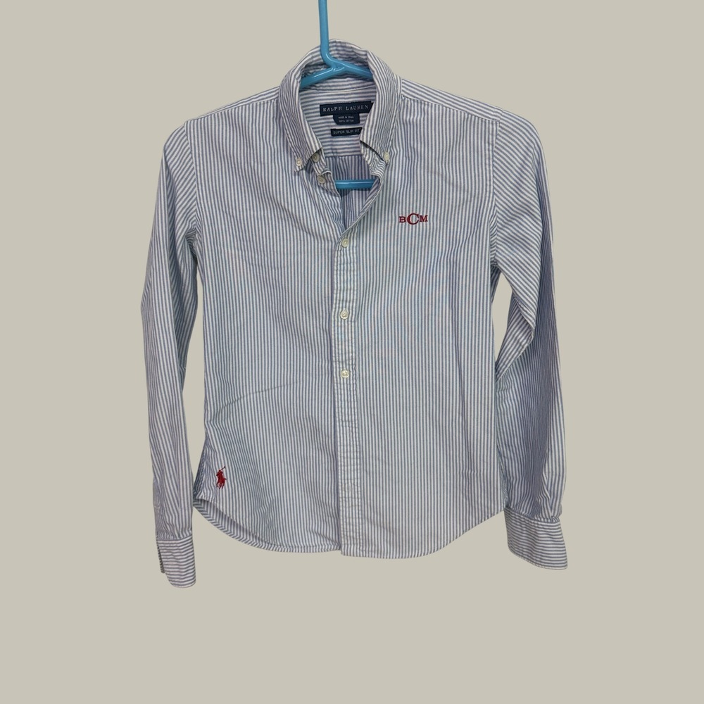 Ralph Lauren Super Slim Fit Striped Button Down Shirt Blue White Monogrammed 2